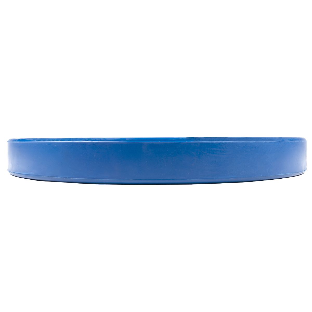Blaue Gewichtsscheibe mit Gummibeschichtung. Seitliche Ansicht. Runde Form.