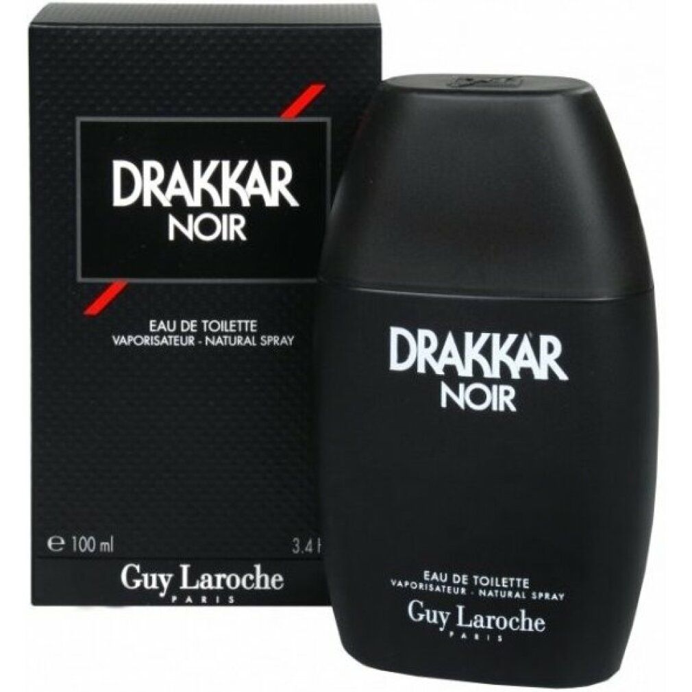 Schwarzer Flakon und Verpackung mit weißem Drakkar Noir-Logo. Eau de Toilette, Natural Spray. Guy Laroche.
