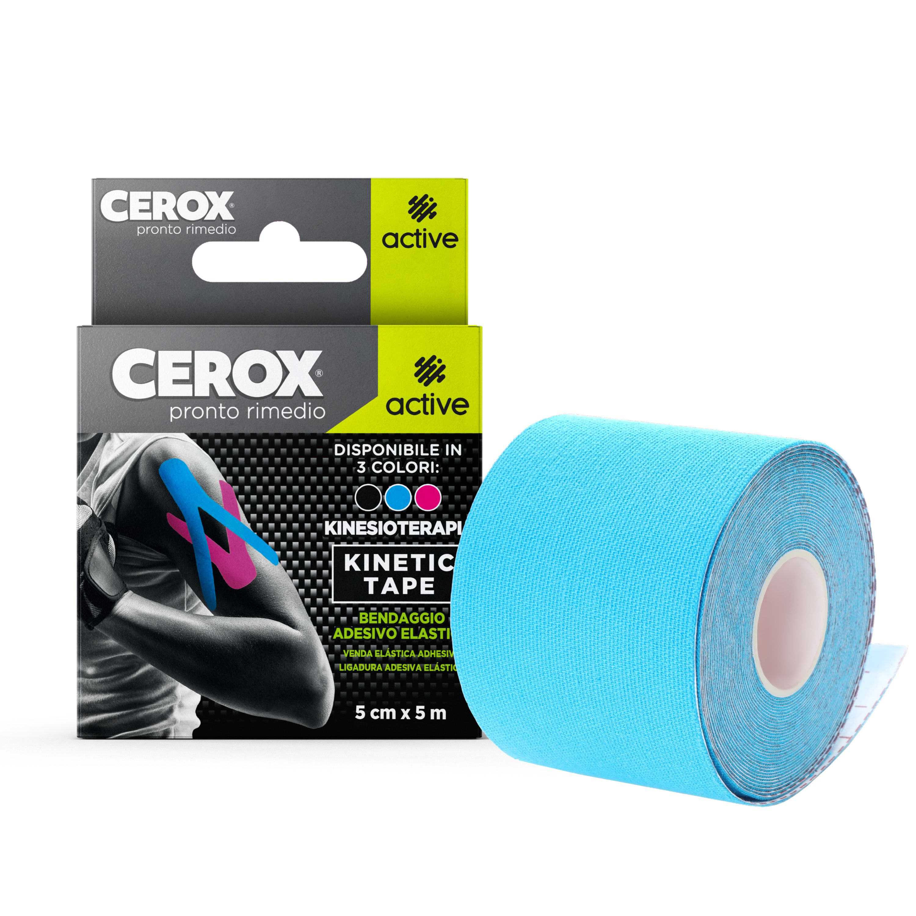 CEROX Active, Kinetic Tape Cerotto Elastico, Per Funzione Muscolare e Stabilità Articolare, 5cmx5m