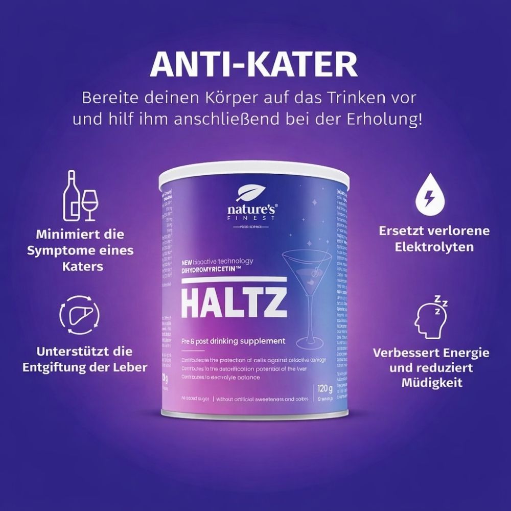 Dose "HALTZ" neben Icons. Text: Anti-Kater. Beschriftung: Minimiert Symptome, unterstützt Entgiftung, ersetzt Elektrolyte, verbessert Energie.