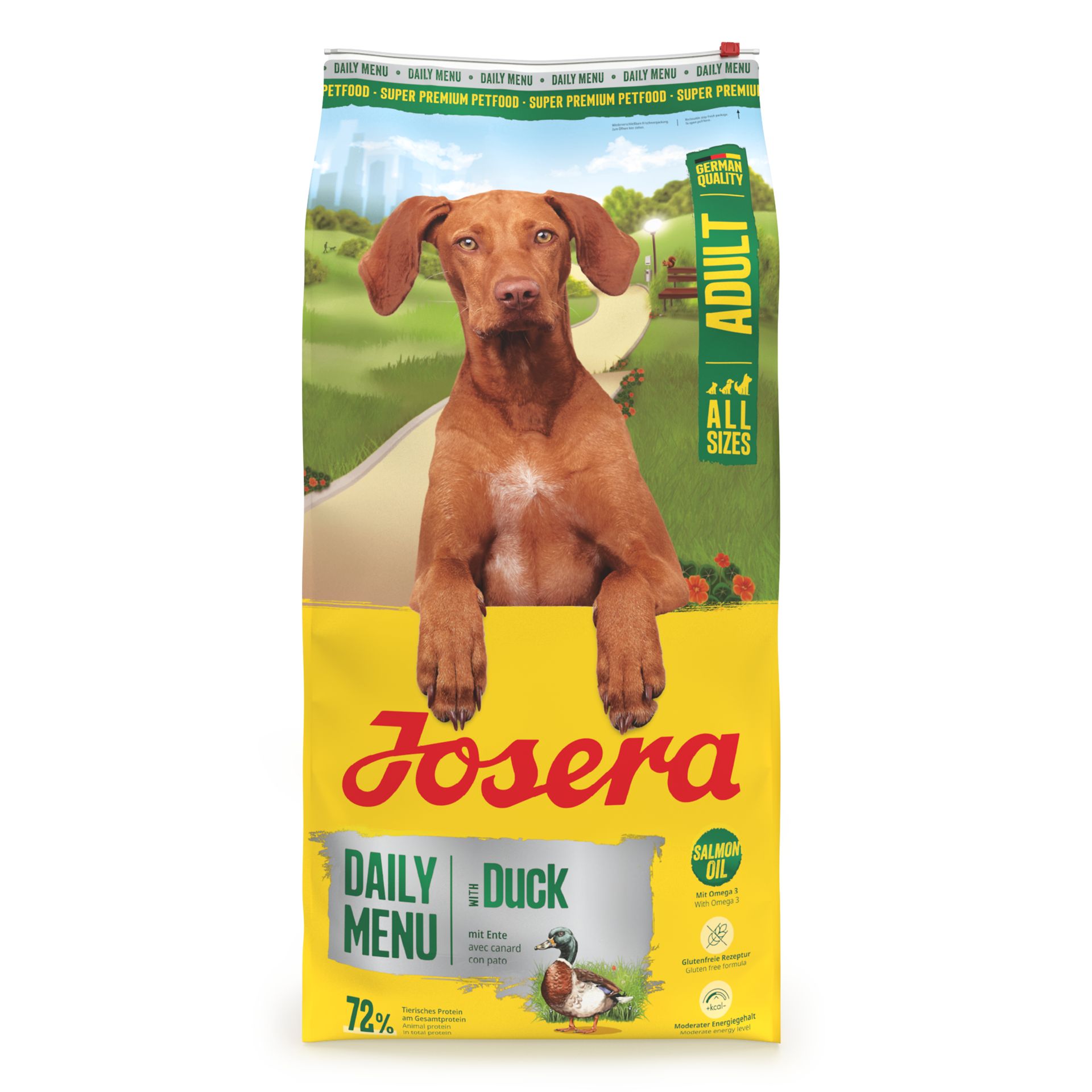 Josera Daily Menu Adult Duck Hundefutter-Sack mit Hund und Entenmotiv.