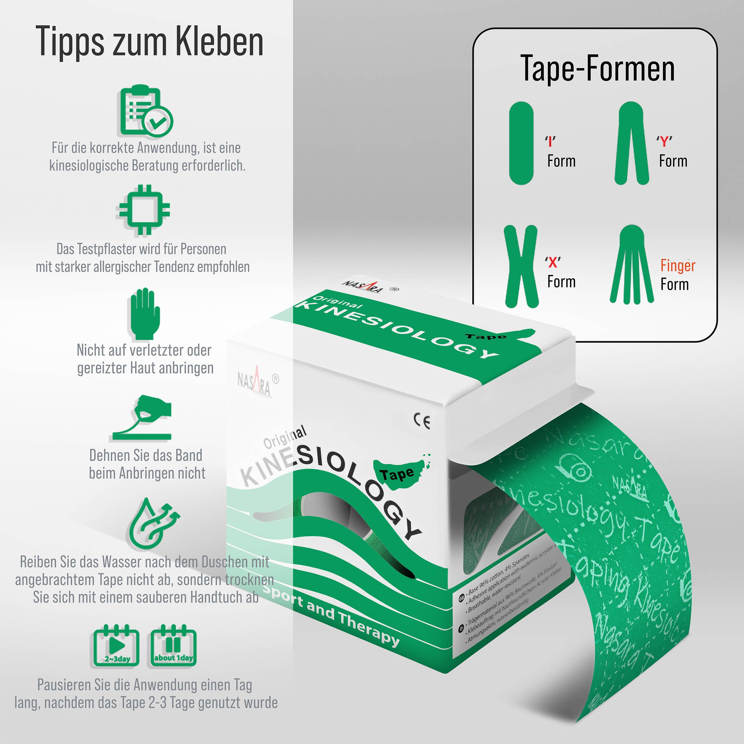 Box mit Kinesiologie-Tape. Aufschrift NASARA Original Kinesiology Tape. CE-Zeichen. Anwendungsbeispiele.