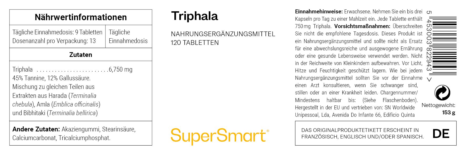 Triphala-Tablettenpackung. 120 Tabletten. SuperSmart-Marke. Enthält Informationen zu Inhaltsstoffen und Dosierung.