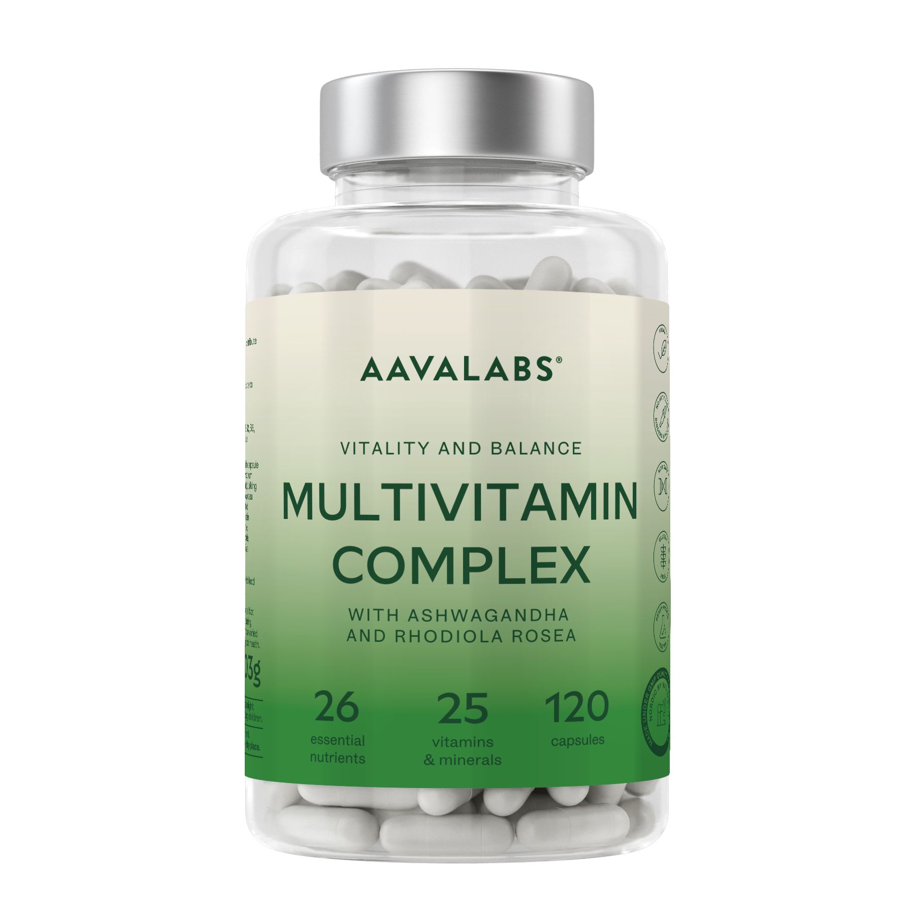Transparente Flasche mit Kapseln. Aufschrift: AAVALABS Multivitamin Komplex, 120 Kapseln, 25 Vitamine & Mineralien.