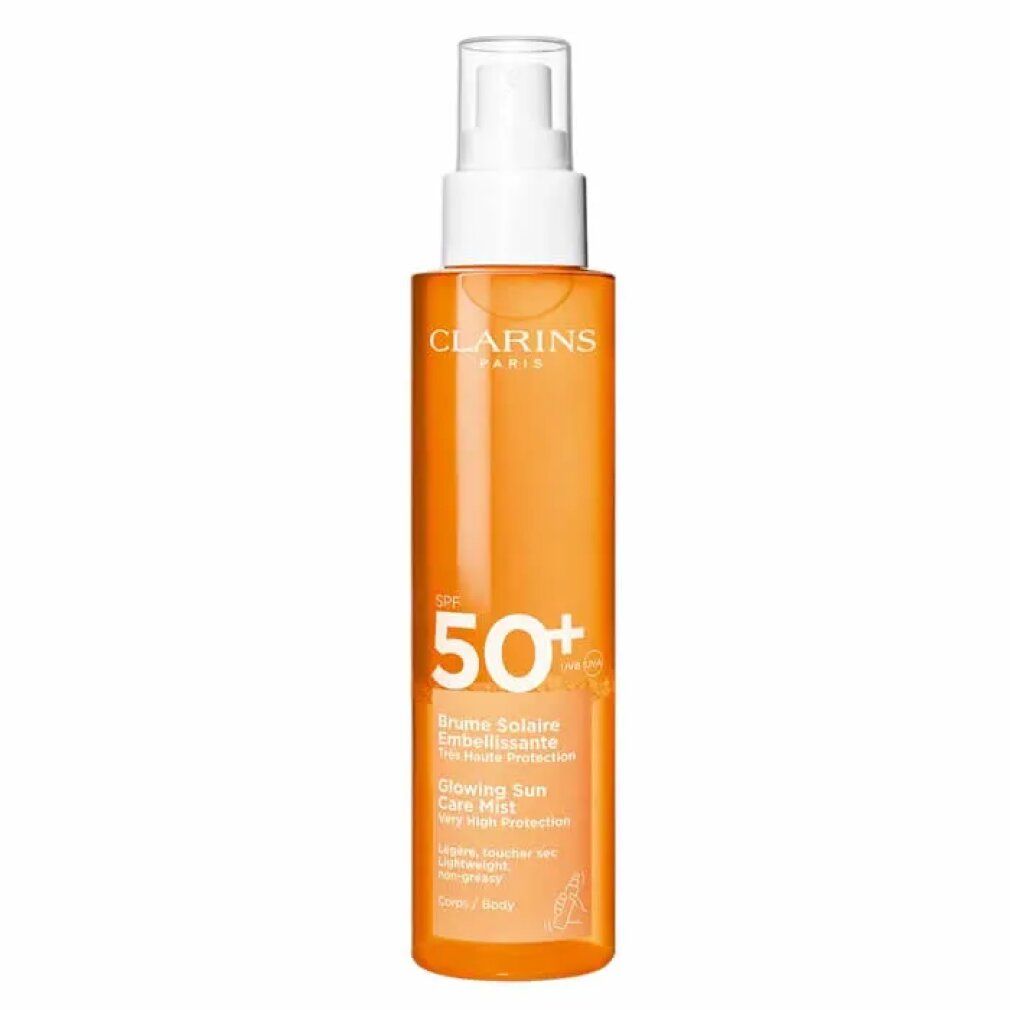 Orangefarbene Sprühflasche mit weißem Sprühkopf. Aufschrift SPF 50+ und Clarins. Produktname und weitere Informationen.
