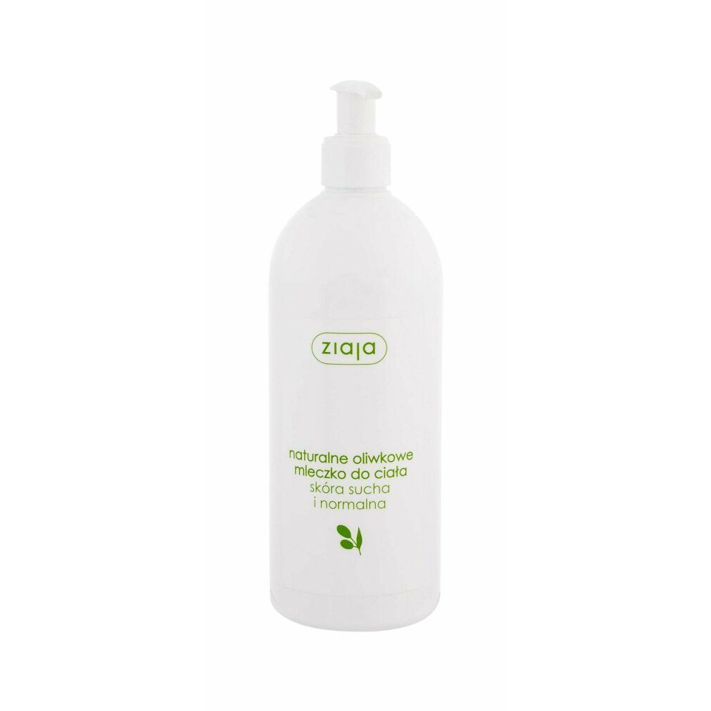 Weiße Flasche mit Spender. Aufschrift: Ziaja, natürliche Olivenmilch für Körper, trockene und normale Haut. Grünes Logo und Schrift.