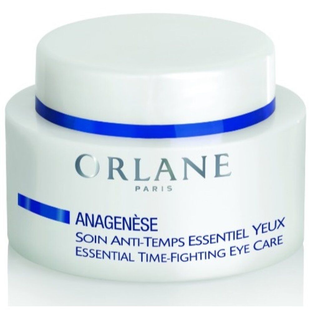 Weißer Tiegel mit blauem Streifen und Deckel. Schriftzug: ORLANE PARIS, ANAGENÈSE, SOIN ANTI-TEMPS ESSENTIEL YEUX, ESSENTIAL TIME-FIGHTING EYE CARE.