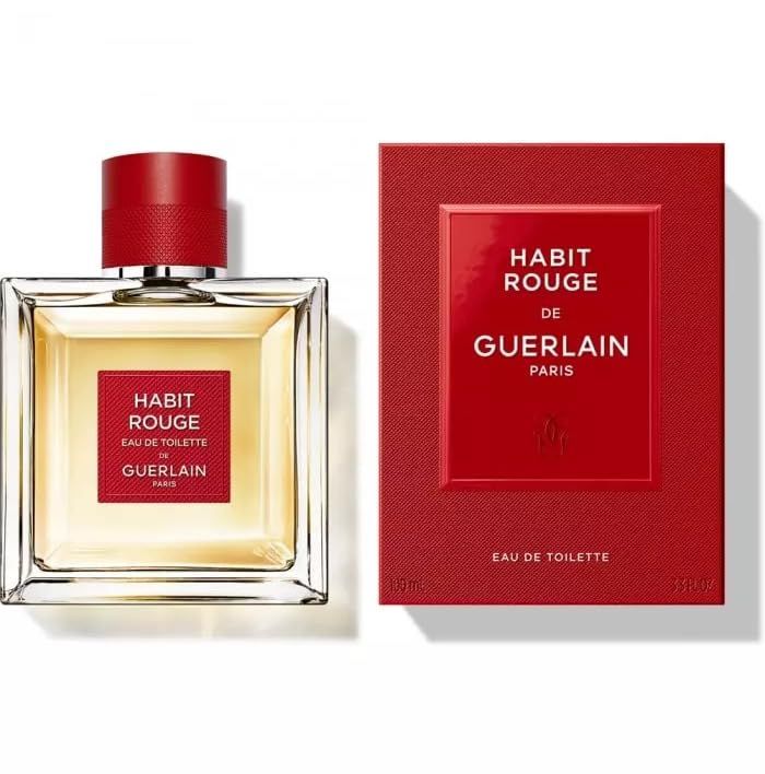 Parfümflakon und Schachtel. Flakon quadratisch, mit rotem Verschluss. Schachtel rot mit "HABIT ROUGE DE GUERLAIN".