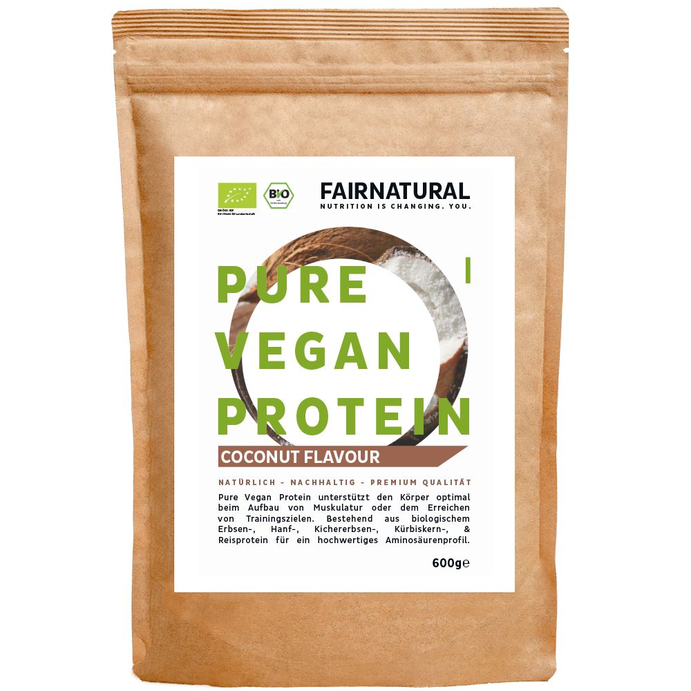 Beutel FAIRNATURAL Bio Vegan Protein, Kokosgeschmack. 600g. Bio-Siegel. Text: Pure Vegan Protein, Kokos Flavour.