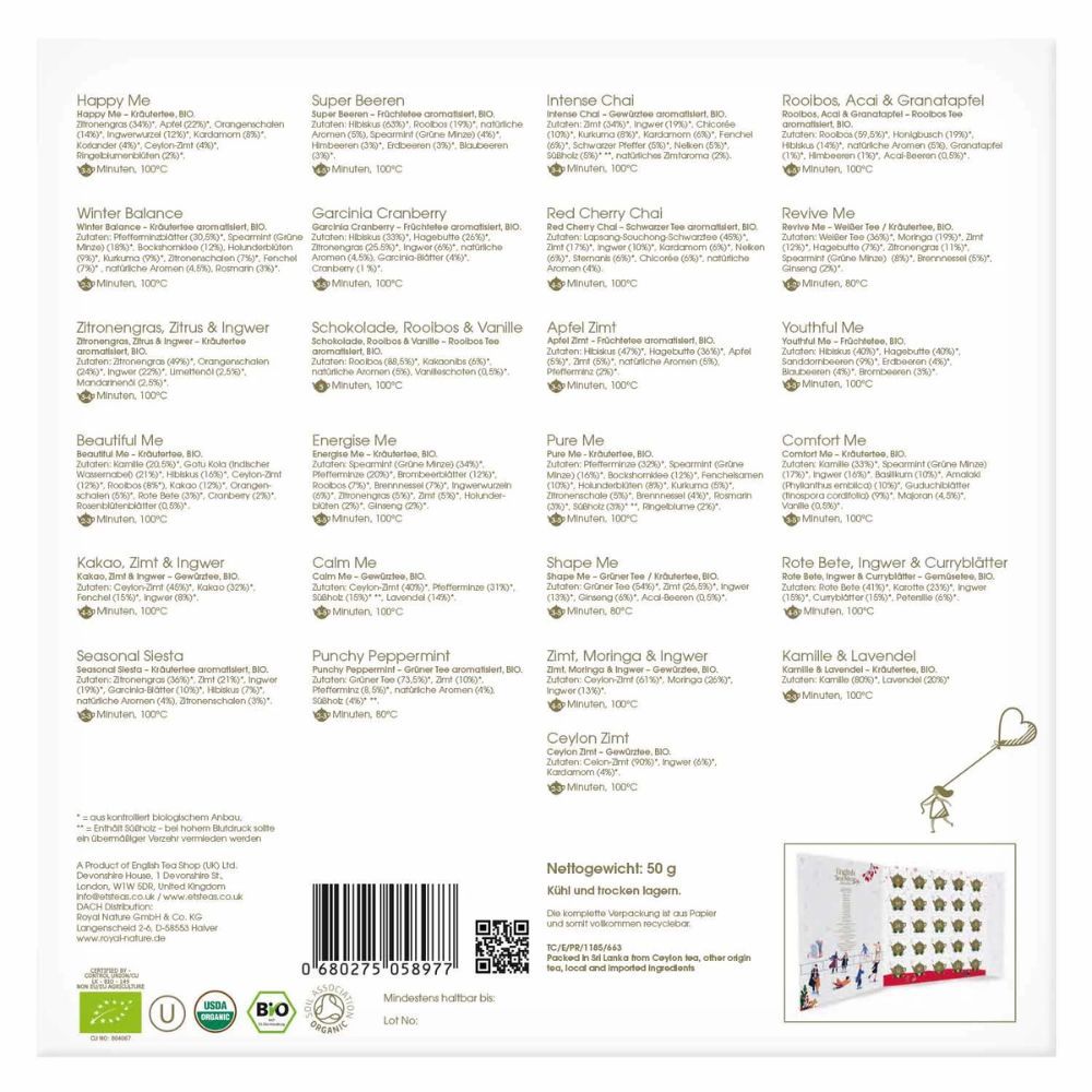 Rückseite des Adventskalenders. 25 Tee-Sorten aufgelistet. Bio-Siegel. QR-Code. Nettogewicht 50g.