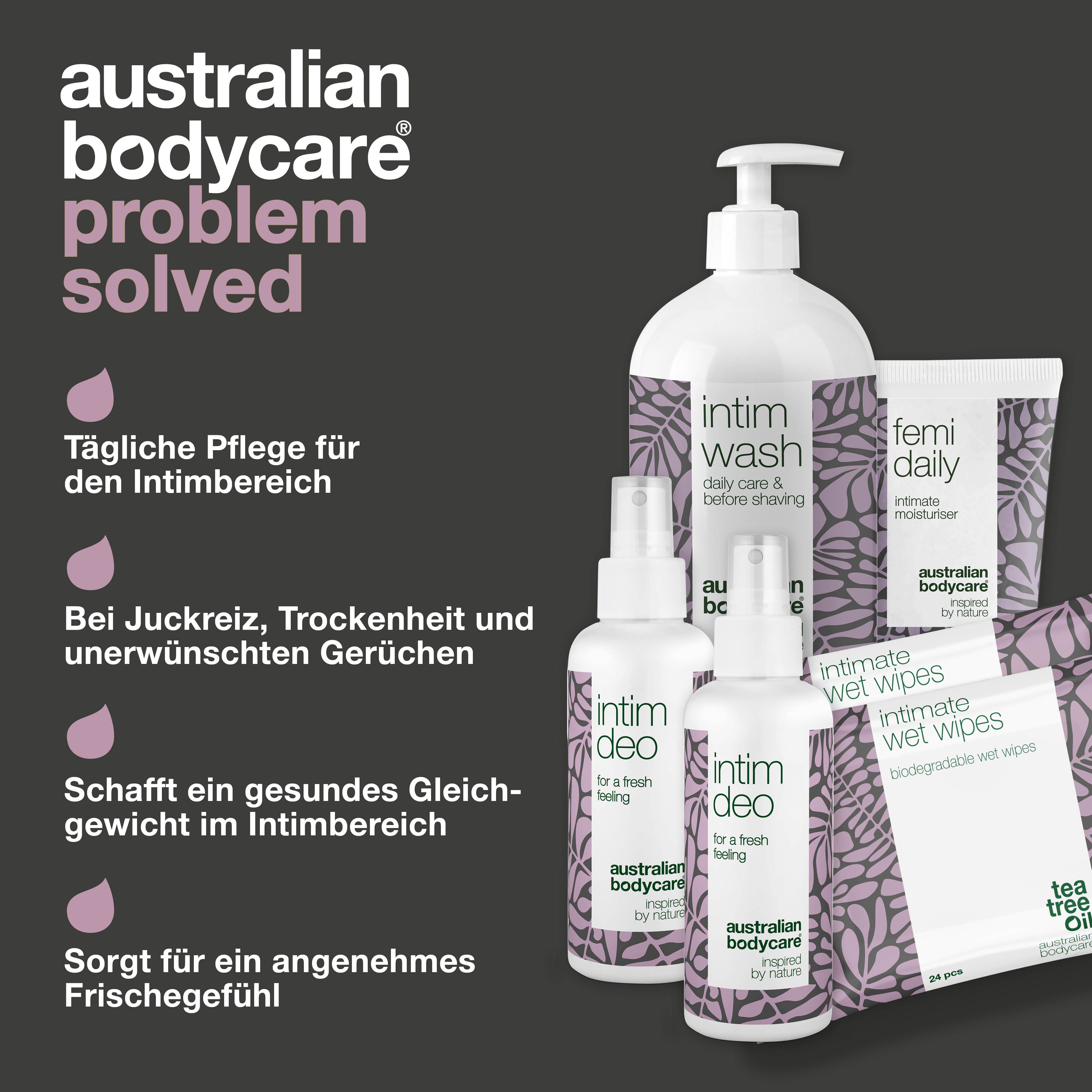 Produktset mit Intimpflegeprodukten. Text: 'Australian Bodycare' und Vorteile für die Intimpflege.