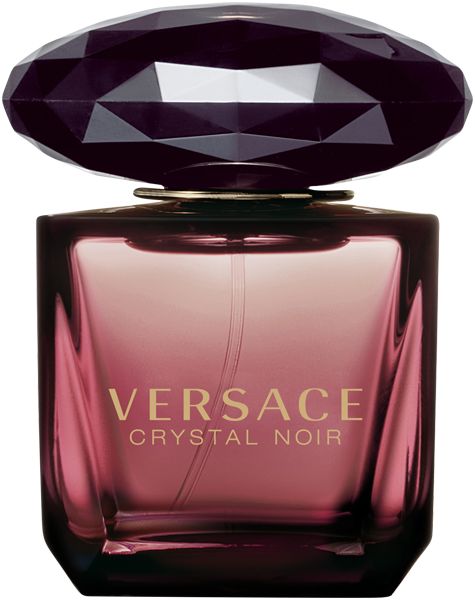 Versace Crystal Noir Flakon. Eckiger, rosafarbener Glasflakon mit schwarzem, facettiertem Deckel. Goldener Schriftzug.