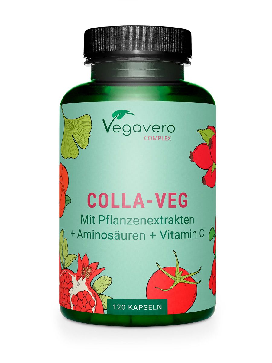Grüne Flasche mit schwarzen Deckel. Aufschrift: Colla-Veg, 120 Kapseln. Mit Pflanzenextrakten, Aminosäuren und Vitamin C. Vegavero Logo.