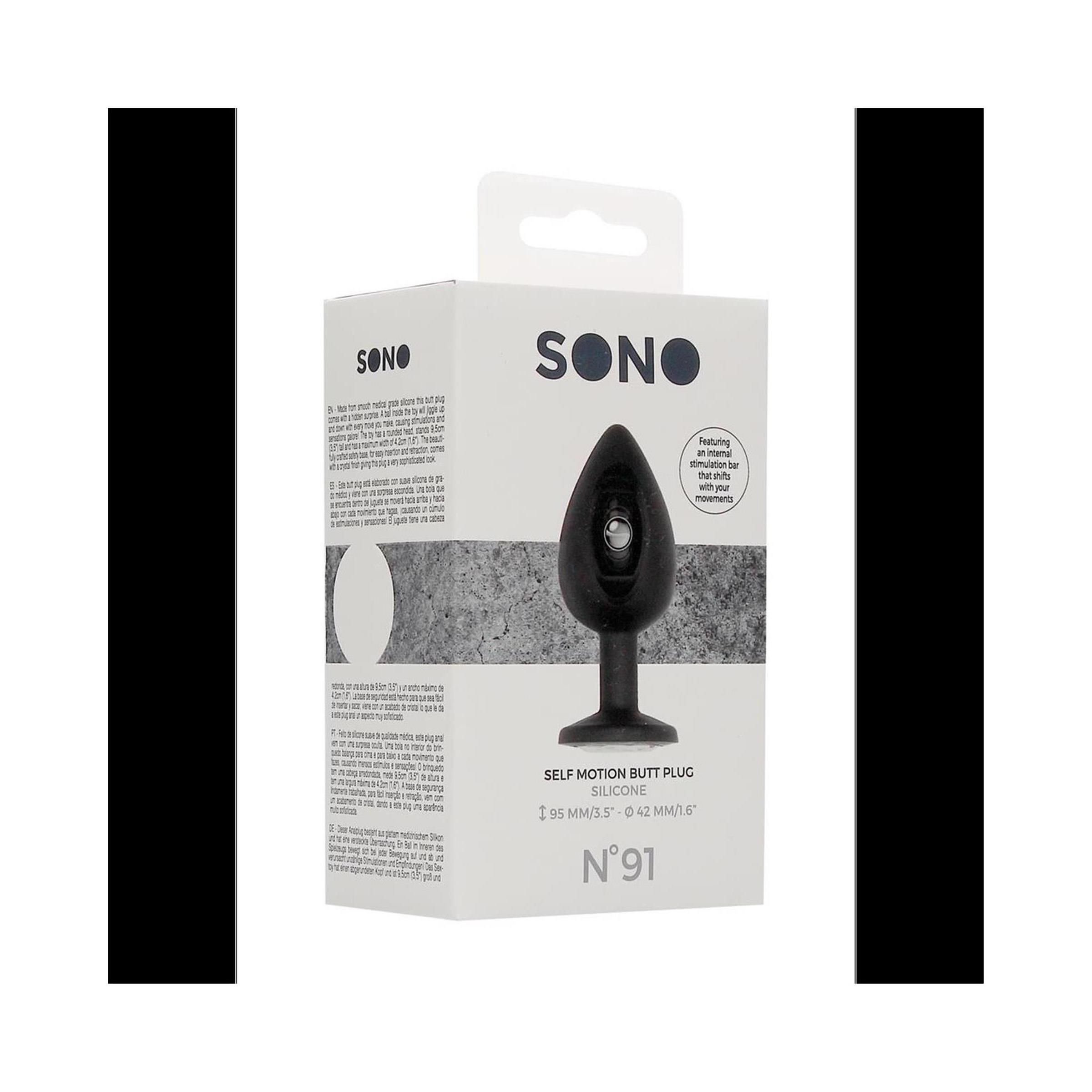 Verpackung von Sono by Shots - No.91. Schwarzer Butt Plug mit Sockel, in weißer Schachtel. Produktname und Logo sichtbar.