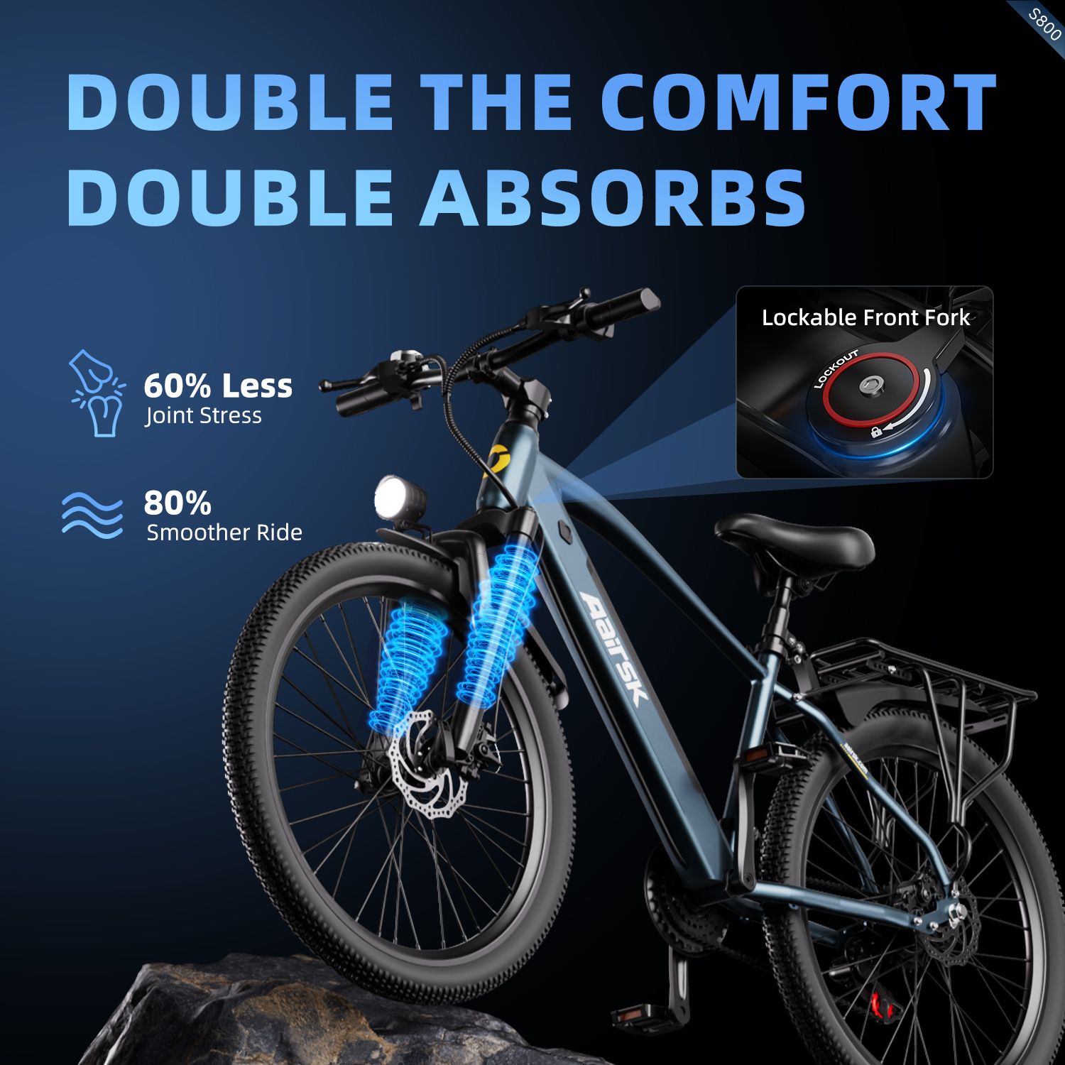 Grafik: E-Bike mit Federung. 60% weniger Gelenkbelastung, 80% ruhigere Fahrt.