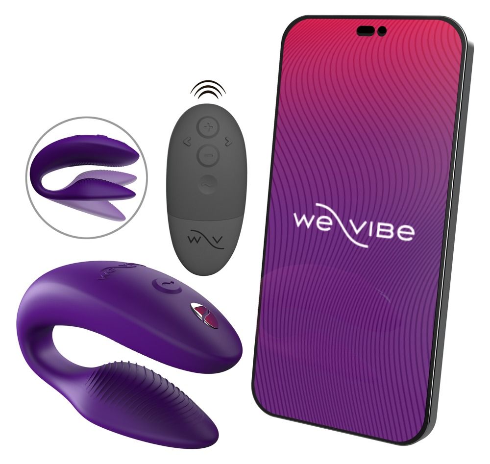 Lila Wellness-Produkt, Fernbedienung, Smartphone mit Logo. Produkt in Aktion, mit Illustration.