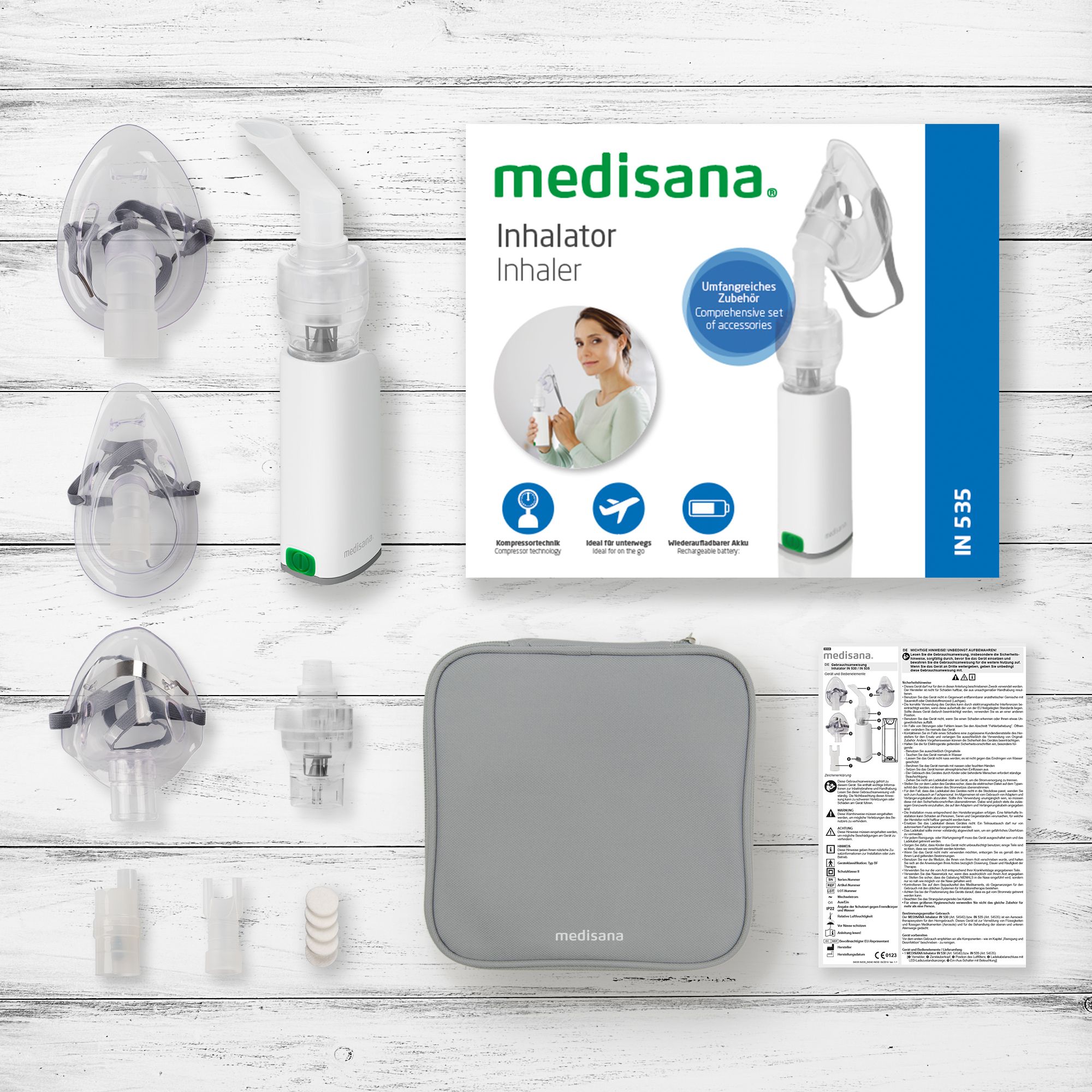 Medisana Inhalator IN 530 mit Zubehör: Masken, Mundstück, Tasche und Anleitung.