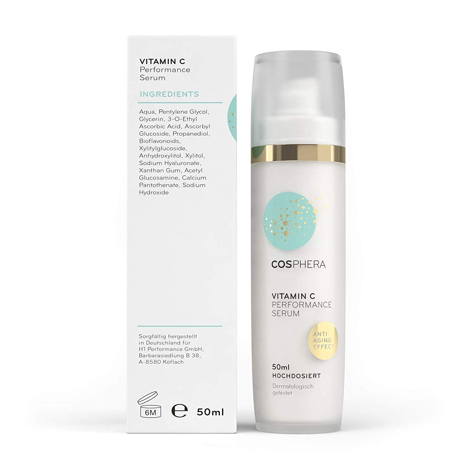 Cosphera Vitamin C Performance Serum Flasche und Faltschachtel, 50ml.