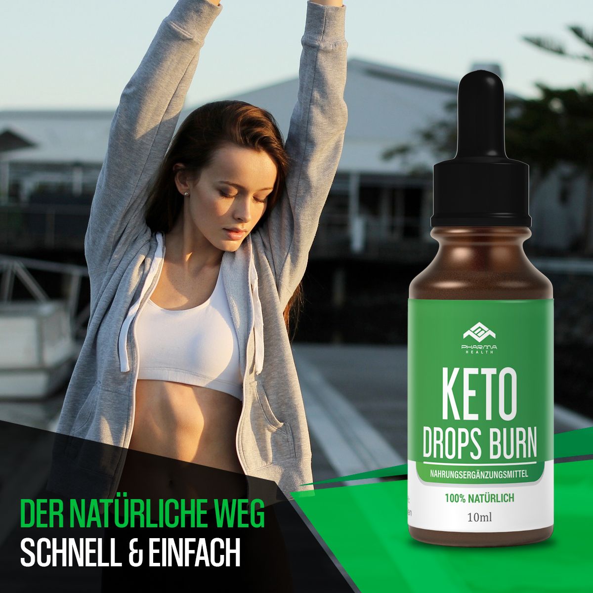 Frau in Sportkleidung neben einer Flasche "Keto Drops Burn". Text: "Der natürliche Weg, schnell & einfach".