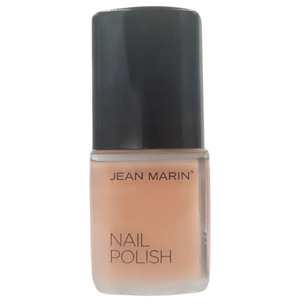 Nagellackflasche von Jean Marin. Beige Farbe, schwarzer Deckel, Schriftzug 'NAIL POLISH'.