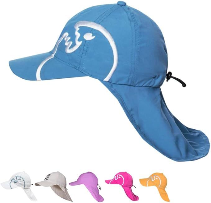 Blauer iQ-UV Cap mit Nackenschutz. Weißes Logo auf der Kappe. Mehrere Farbvarianten unten.