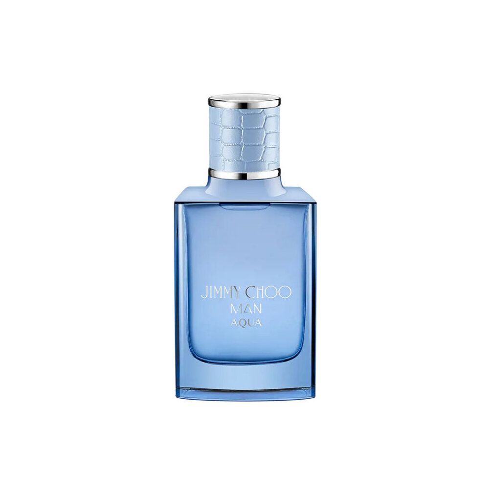 Hellblaues Parfümflakon mit silbernem Deckel. Aufschrift: JIMMY CHOO MAN AQUA.