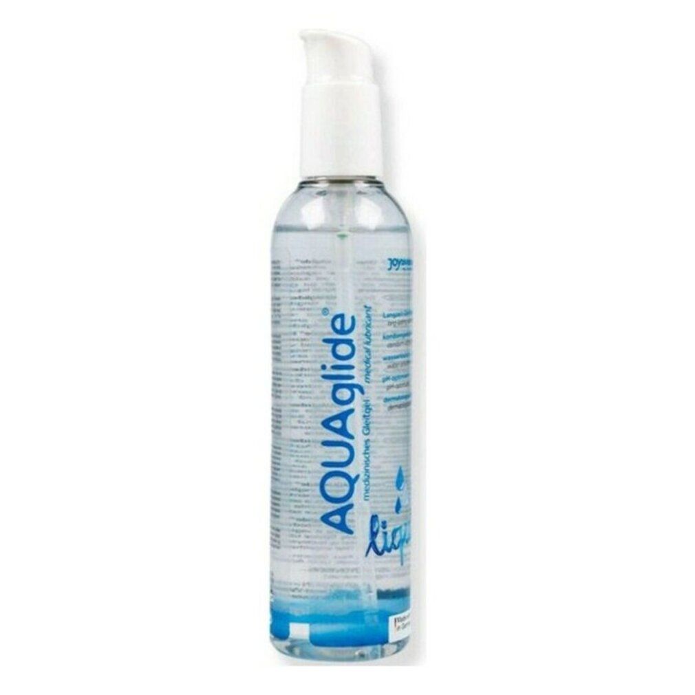 AQUAglide Liquid in Flasche mit Dosierpumpe. Blaue Schrift, transparente Flüssigkeit. "liquid" Schriftzug.