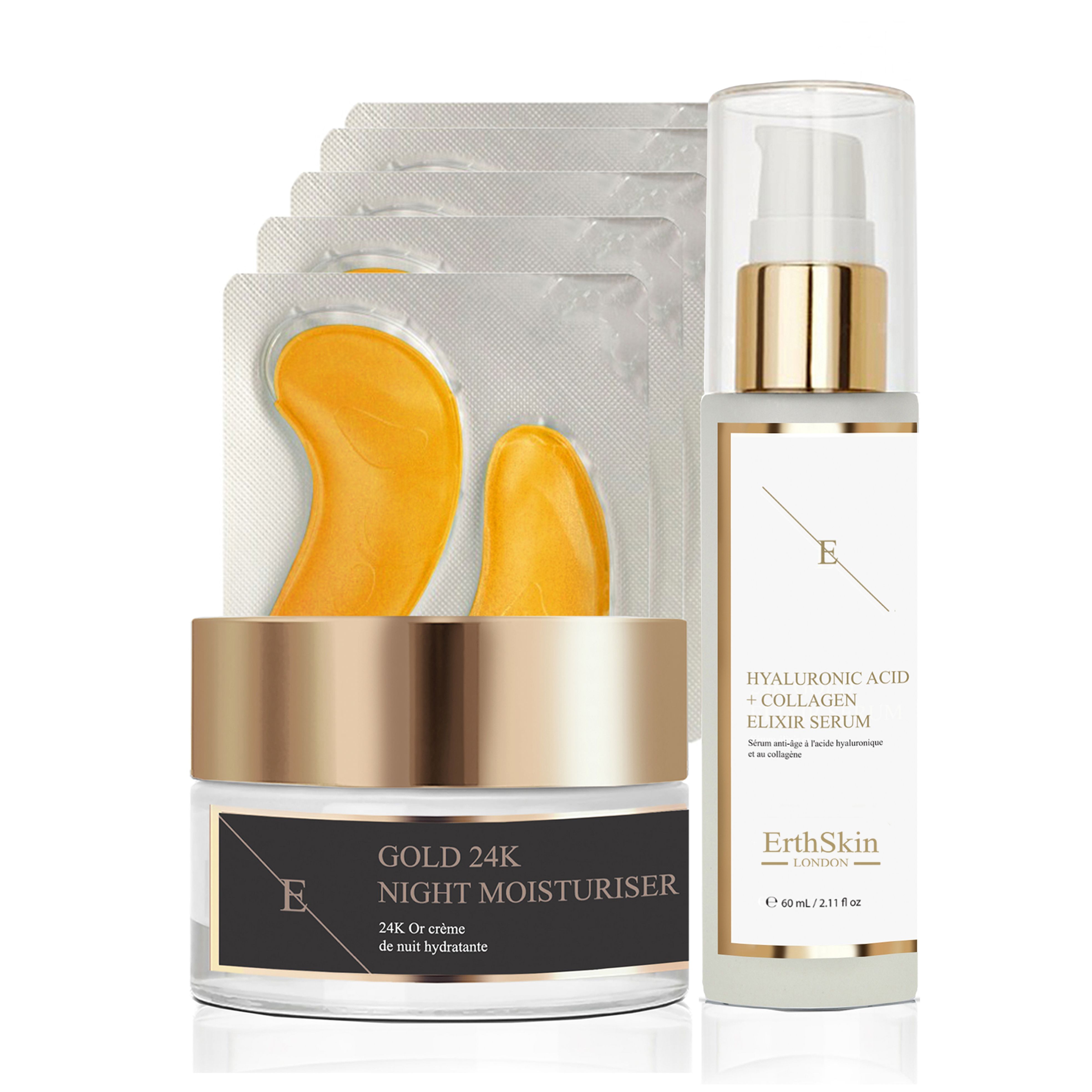 Set mit Nachtcreme, Augenpads und Serum. Creme- und Serumflasche mit goldenen Akzenten. Augenpads in Blistern.