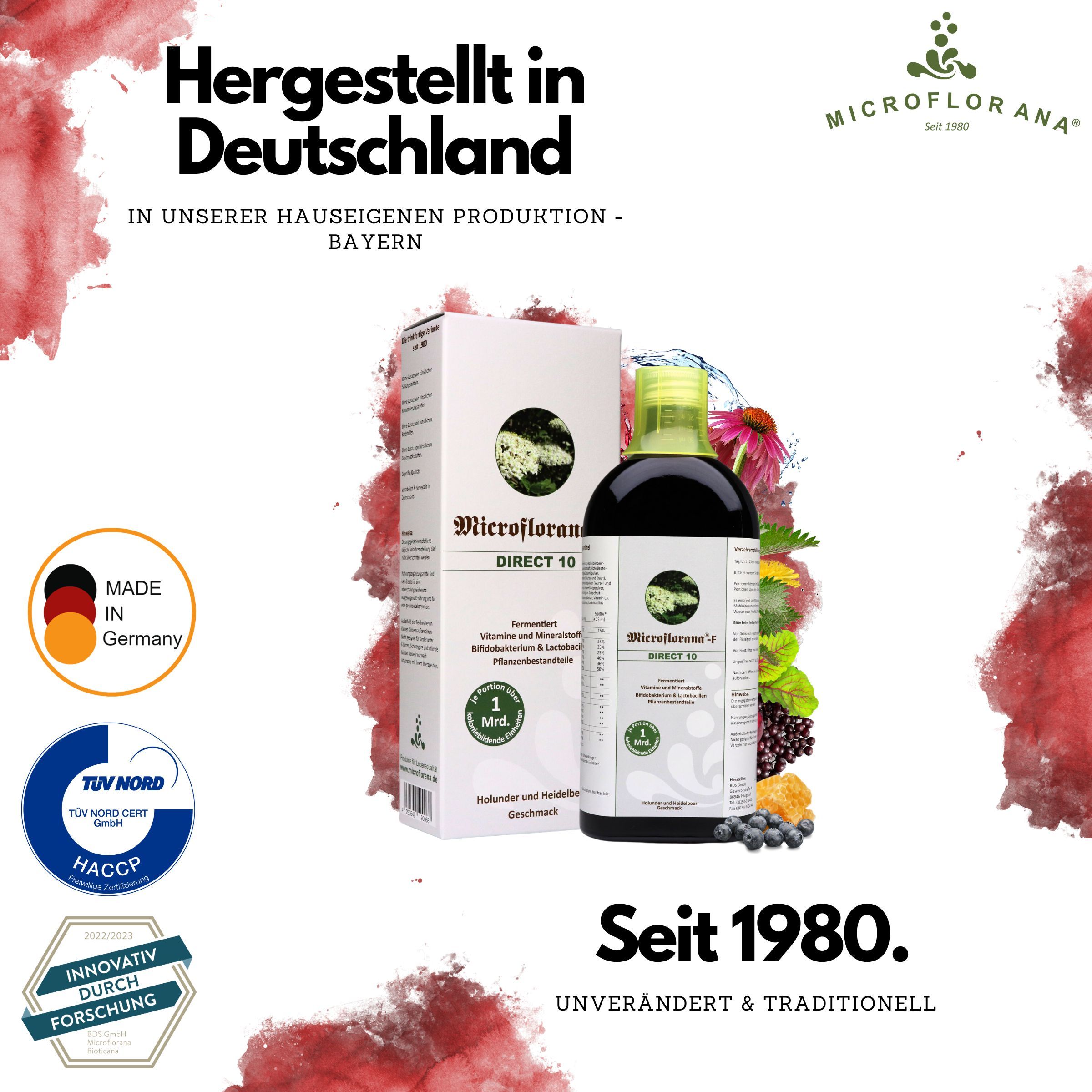 Produktflasche und Verpackung mit Aufschrift Microflorana-F Direct 10. Logo Made in Germany, TÜV NORD und HACCP.