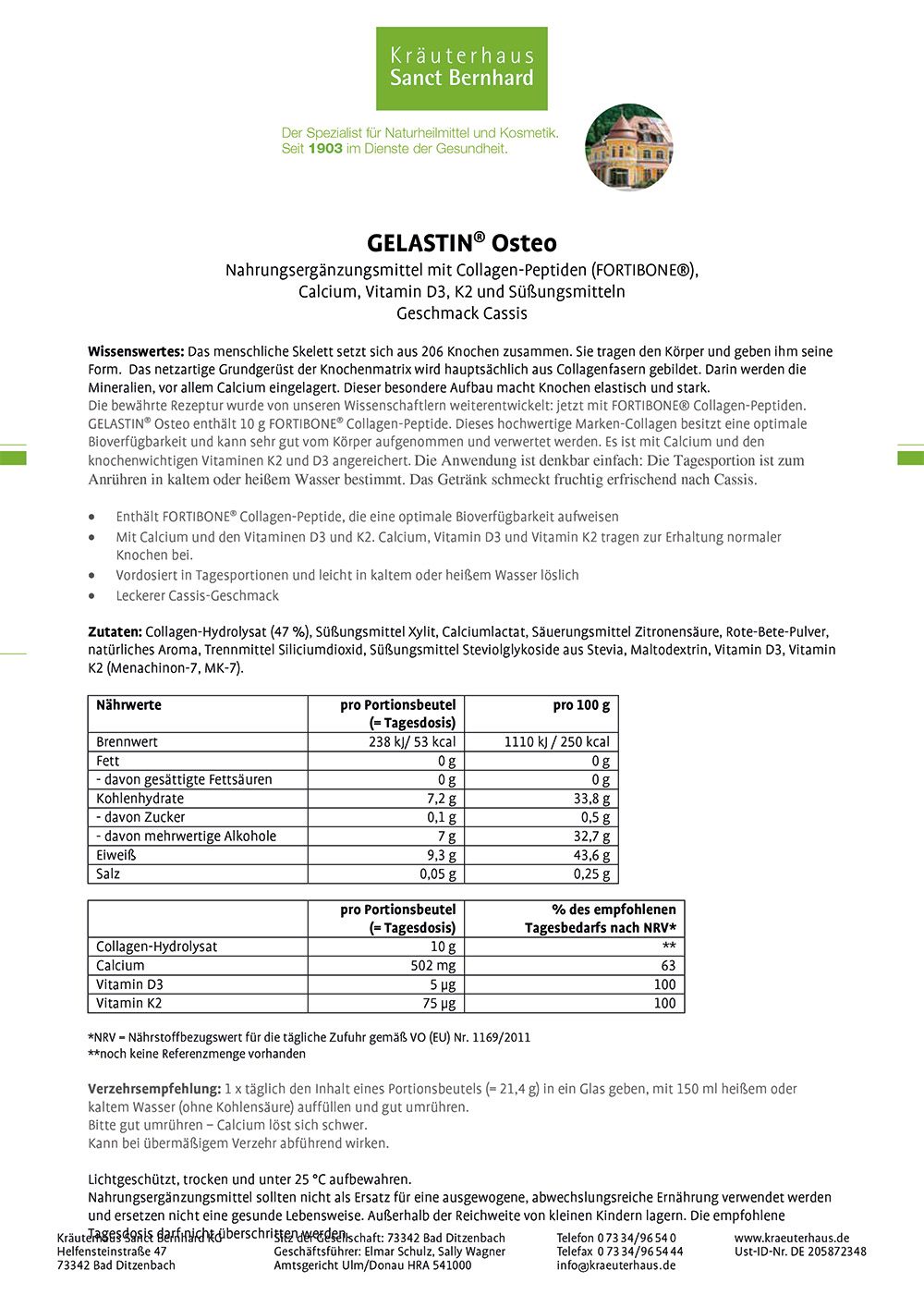 Weißes Blatt mit Text. "GELASTIN® Osteo" und Inhaltsangaben. Enthält Informationen zu Inhaltsstoffen und Nährwerten.