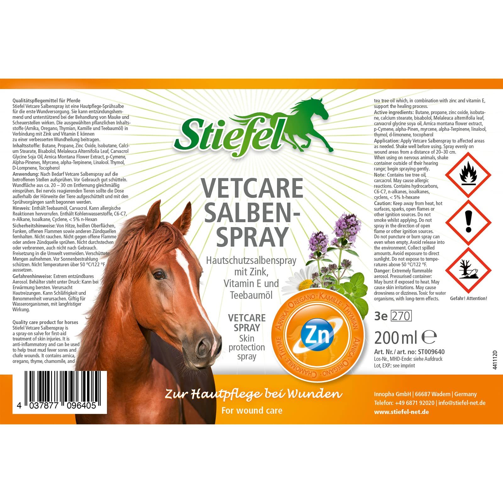 Etikett mit Produktnamen, Pferd-Illustration, Text: Vetcare Salbenspray, Hautschutzsalbenspray, Zink, Vitamin E, Teebaumöl. Warnhinweise und Inhaltsstoffe.