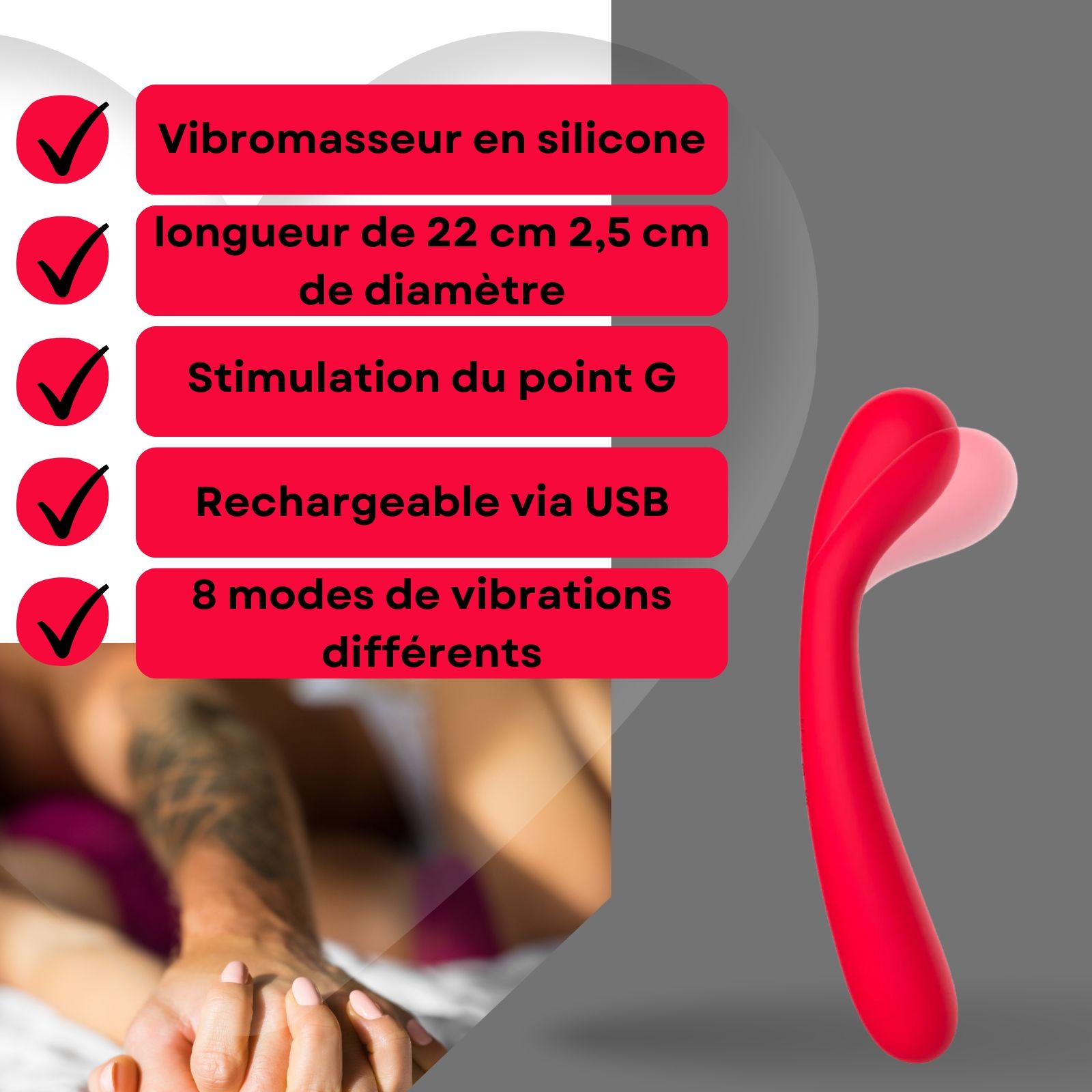 Vibrateur rouge. Stimulation du point G. 22 cm long, 2,5 cm de diamètre. Rechargeable.