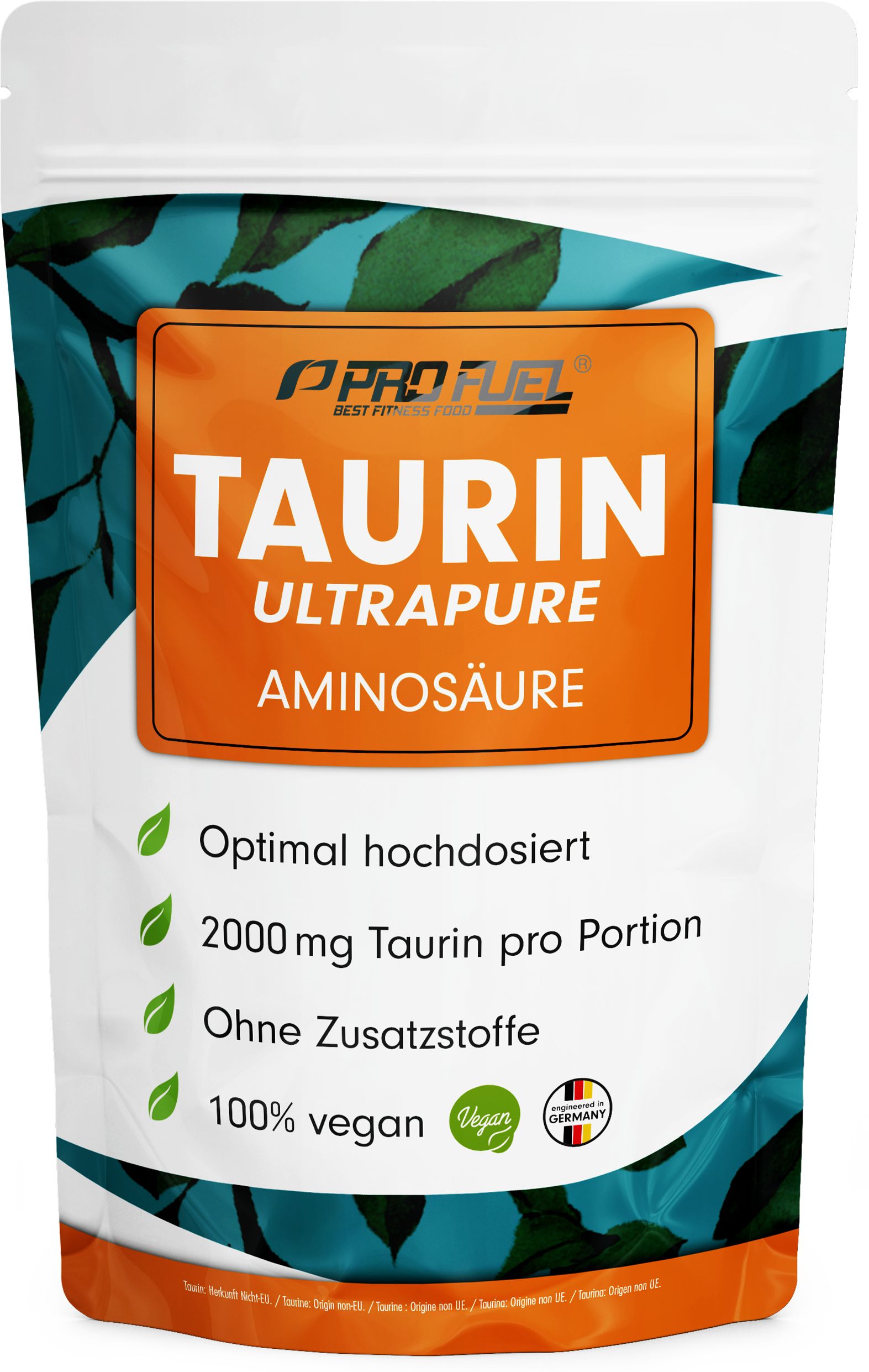 ProFuel Taurin Ultrapure Aminosäure Pulver in weißer Standbodenbeutel-Verpackung mit orangefarbenem Etikett.