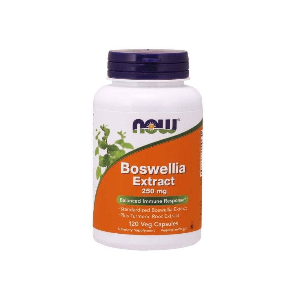 Weiße Flasche mit blauem Deckel. Aufschrift: NOW, Boswellia Extract 250 mg, 120 Veg Capsules. Enthält Kurkuma-Wurzelextrakt.