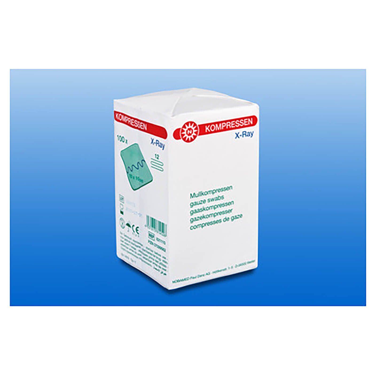Verpackung mit Mullkompressen. Weißer Karton mit roter und grüner Beschriftung. Produktname: Kompressen X-Ray.