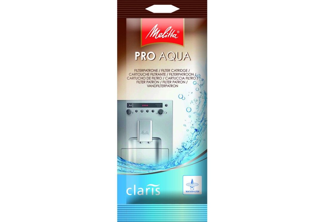 Filterpatrone Melitta Pro Aqua. Verpackung mit Produktnamen, Wasserfilter-Symbol und Abbildung einer Kaffeemaschine.