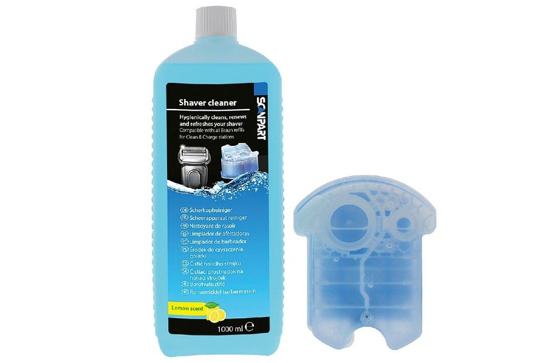 Flasche mit blauer Flüssigkeit und Reinigungsbehälter. Aufschrift: SCANPART, Shaver cleaner. 1000 ml.