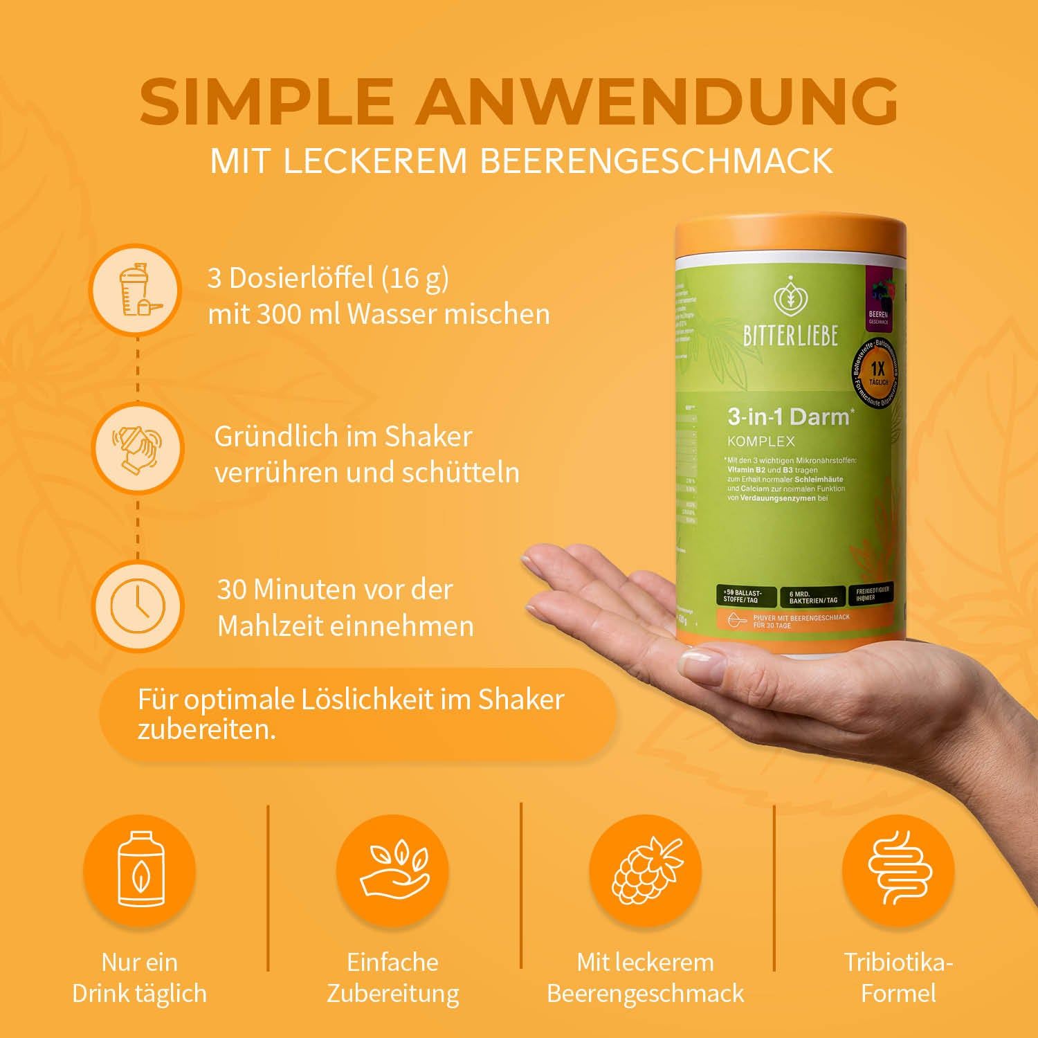 BitterLiebe - 3-in-1 Darm* Komplex - Darmkur Pulver mit 9g Ballaststoffen & Darmbakterien