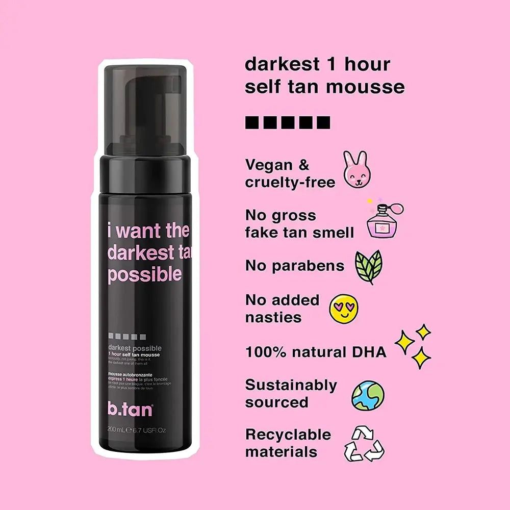 Schwarze Flasche mit Aufschrift "I want the darkest tan possible". Vegan, tierversuchsfrei, ohne Parabene. Rosa Hintergrund.