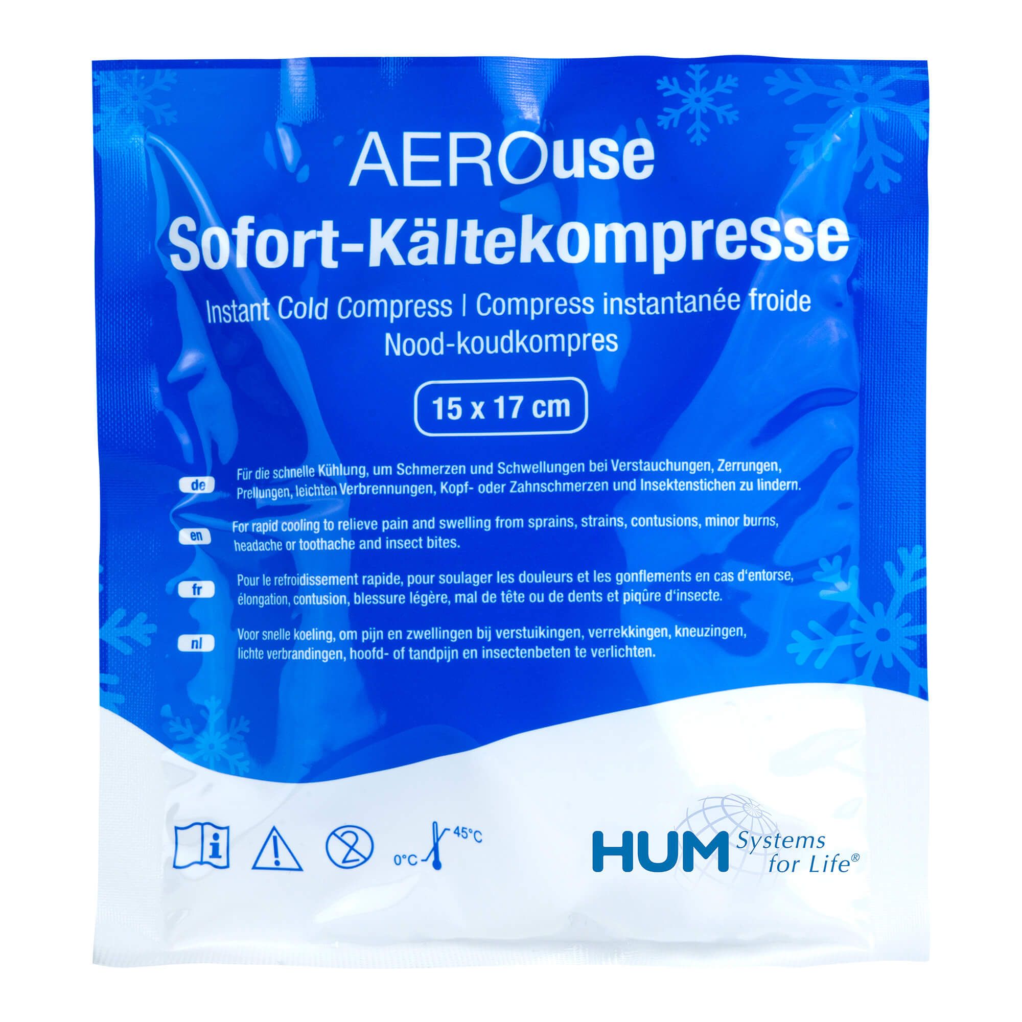 Kältekompresse in Folienverpackung. Größe: 15 x 17 cm. Text: AEROuse Sofort-Kältekompresse. Logo: HUM Systems for Life.