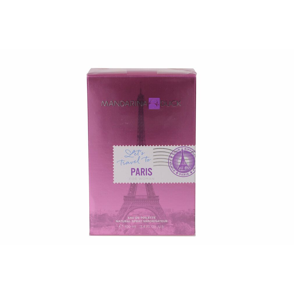 Rosa Verpackung mit Aufdruck des Eiffelturms und Schriftzug "Lets Travel To Paris". Marke: Mandarina Duck.