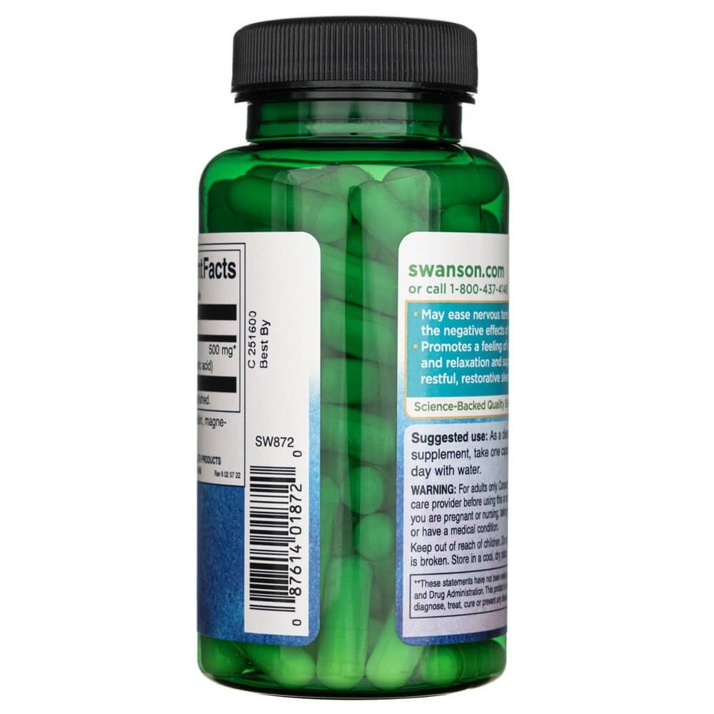 Seite einer grünen Flasche mit Swanson GABA 500 mg, Anwendungshinweisen und Warnungen.