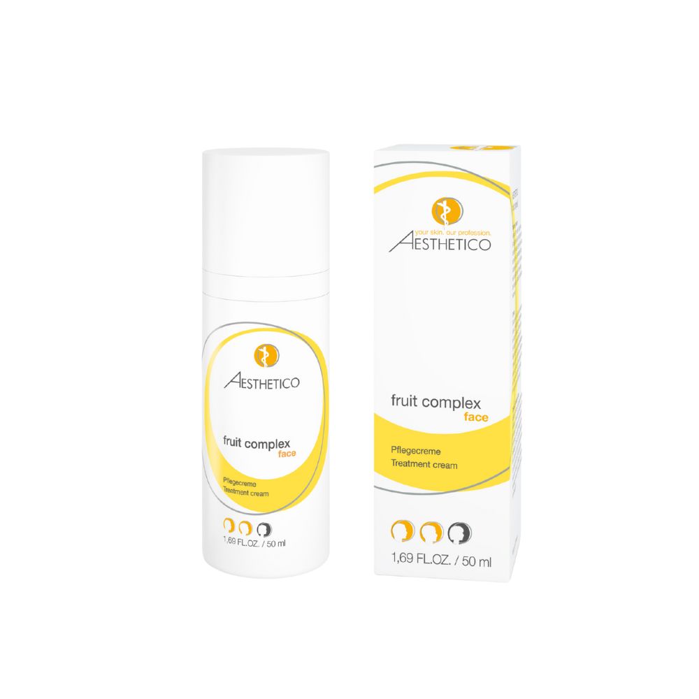 Weiße Flasche und Verpackung mit gelben Akzenten. Aufschrift: Aesthetico, fruit complex face, Pflegecreme. 1.69 FL.OZ. / 50 ml.