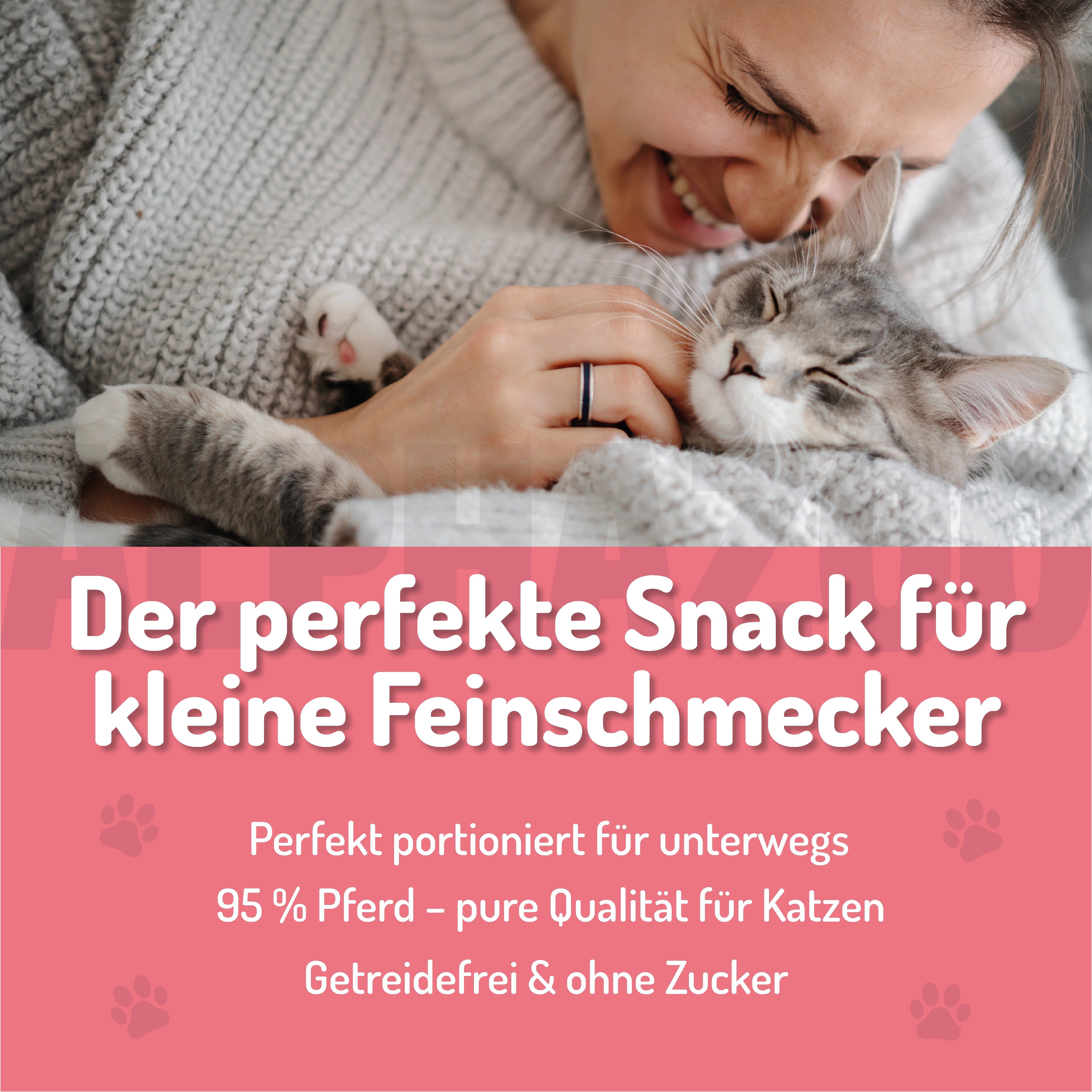 Eine Frau umarmt eine Katze. Text: Der perfekte Snack für kleine Feinschmecker. 95% Pferd, getreidefrei & ohne Zucker.