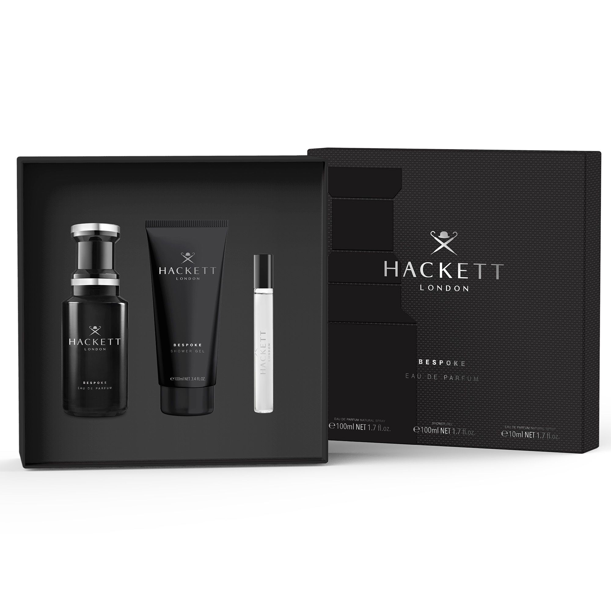 Geschenkset mit geöffneter schwarzer Verpackung. Enthält Eau de Parfum, Duschgel und Travel Spray. Hackett London Logo.