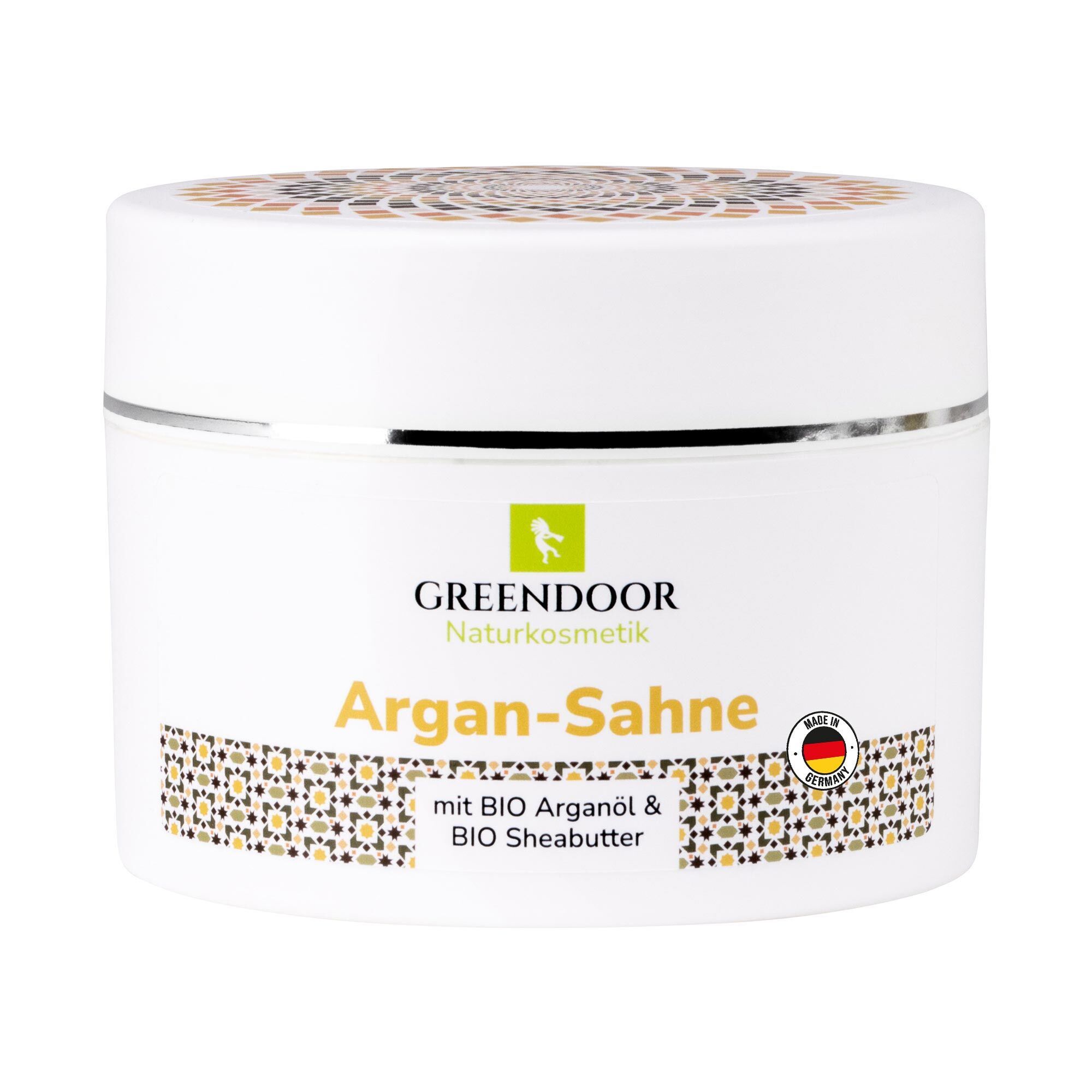 GREENDOOR Argan-Sahne Naturkosmetik mit BIO Arganöl & BIO Sheabutter in weißem Tiegel.
