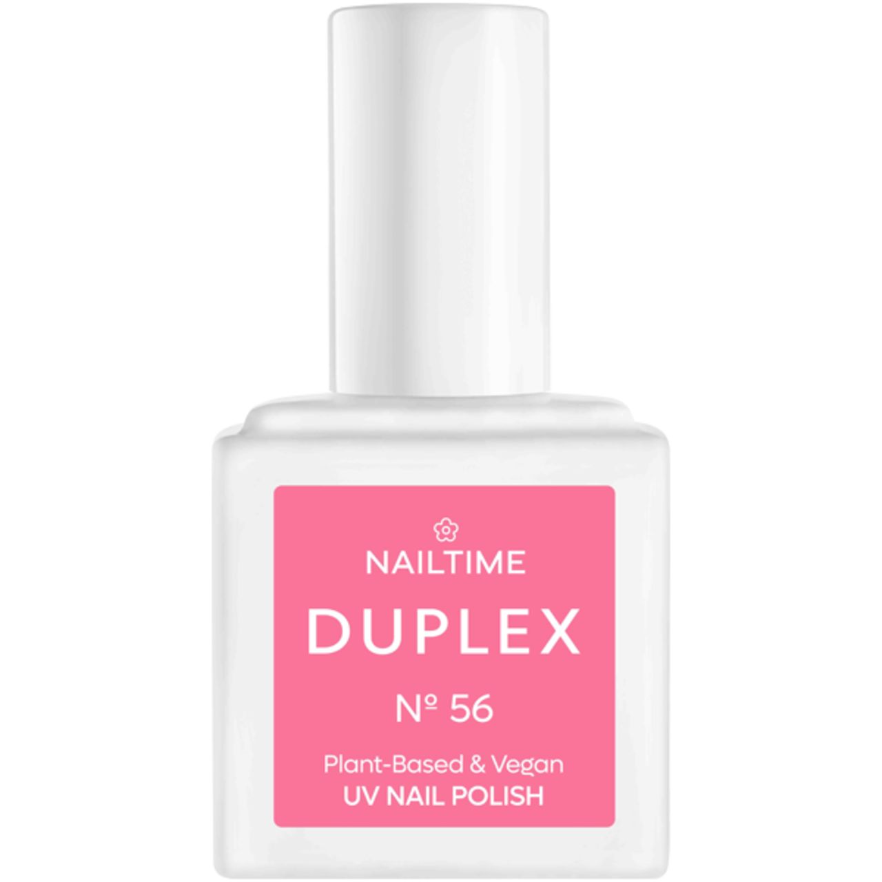 UV-Nagellack-Flasche. Weißes Gehäuse mit rosa Etikett. Aufschrift: Nailtime, Duplex, Nr. 56, Plant-Based & Vegan, UV Nail Polish.