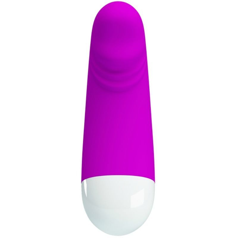 Lila Vibrator mit weißer Spitze. Zylindrische Form.