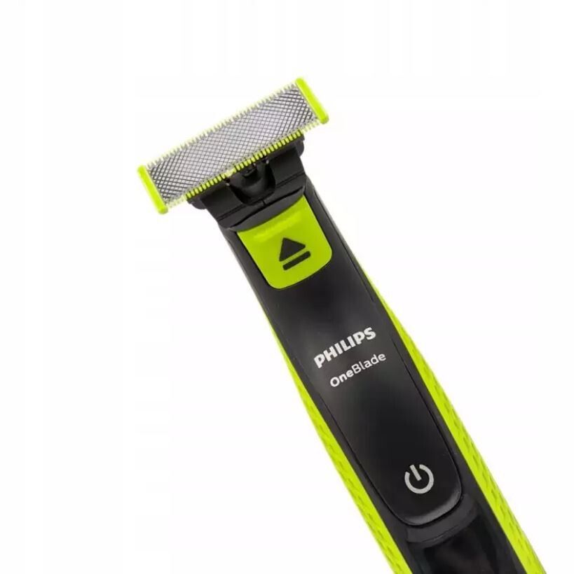 Nahaufnahme des Rasierers mit schwarzem Griff und gelben Akzenten. Marke: Philips OneBlade.