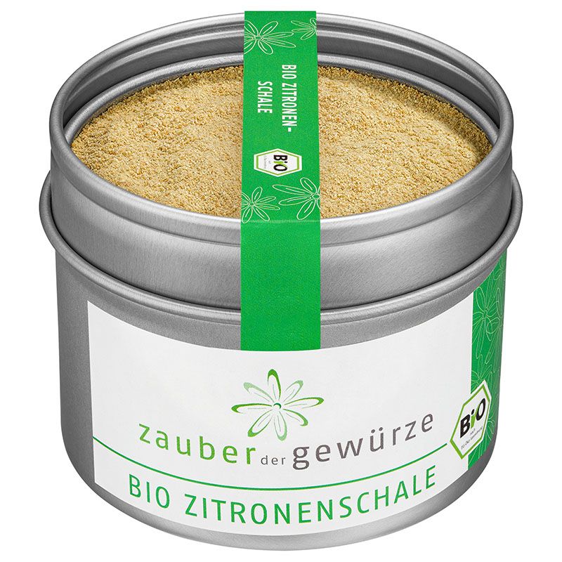 Zitronenschale in Dose. Dose aus Metall, mit grünem Etikett und Aufschrift. Bio-Siegel.